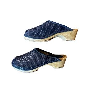 Vintage Dark Blue Woven Leather Swedish Clogs